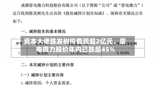 资本大佬陈发树拟套现超2亿元，雷电微力股价年内已跌超45%-第3张图片