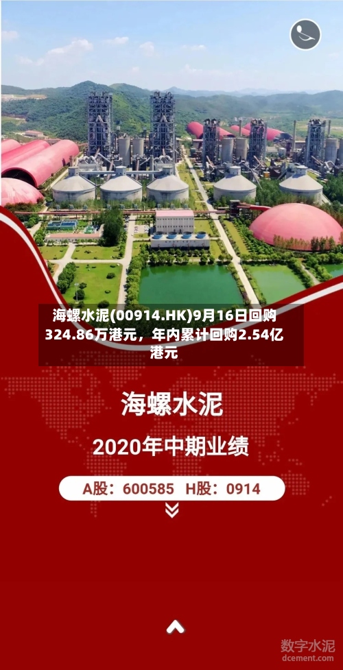 海螺水泥(00914.HK)9月16日回购324.86万港元，年内累计回购2.54亿港元
