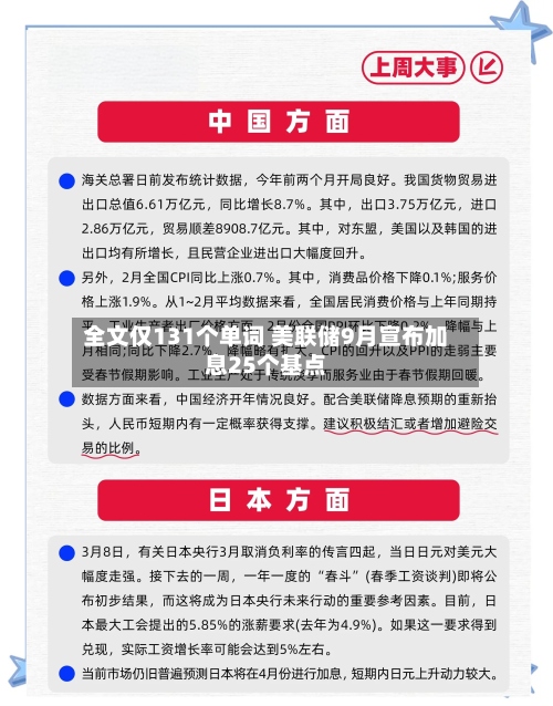 全文仅131个单词 美联储9月宣布加息25个基点