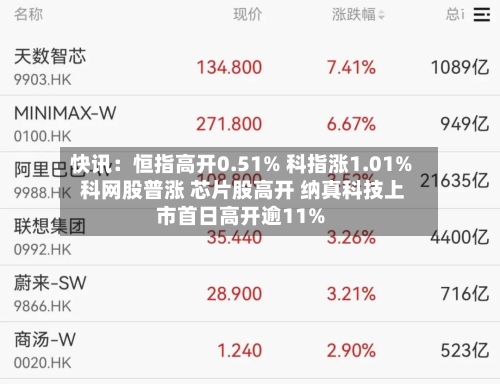快讯：恒指高开0.51% 科指涨1.01% 科网股普涨 芯片股高开 纳真科技上市首日高开逾11%-第1张图片