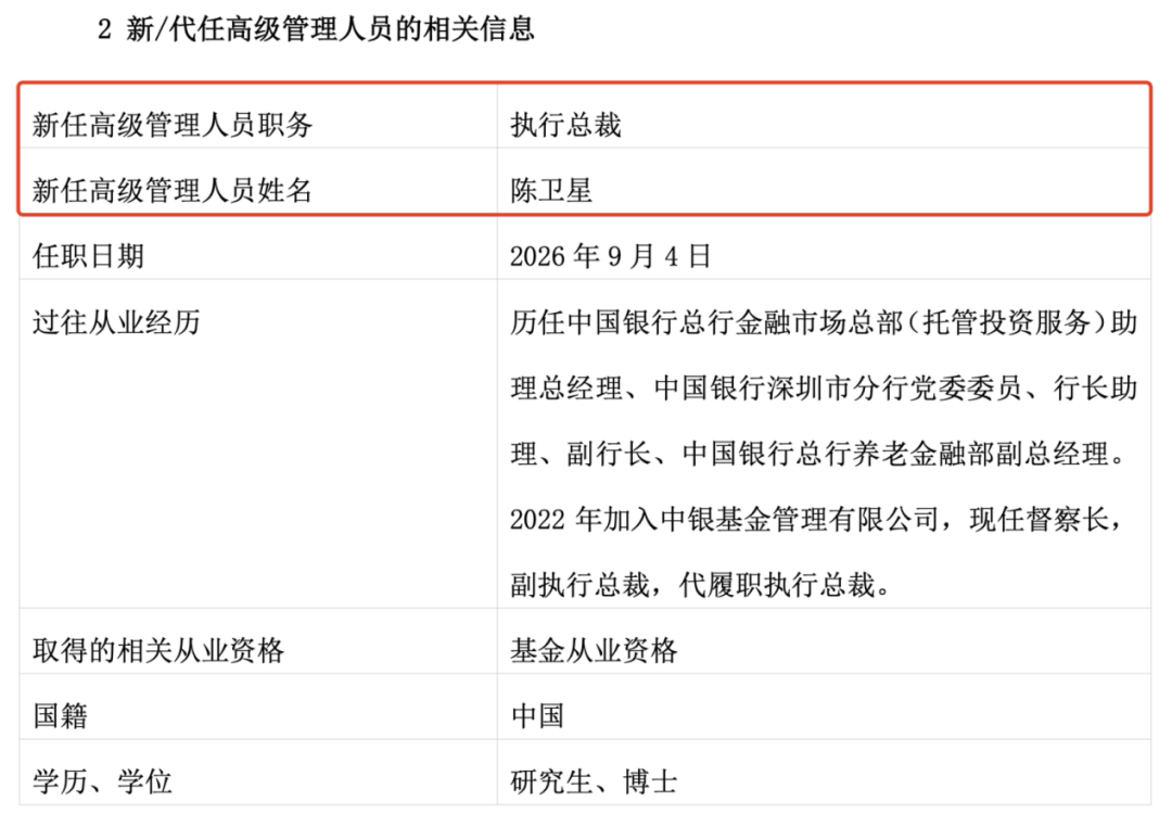 官宣！7000亿级基金公司中银基金新总裁定了	，陈卫星出任！