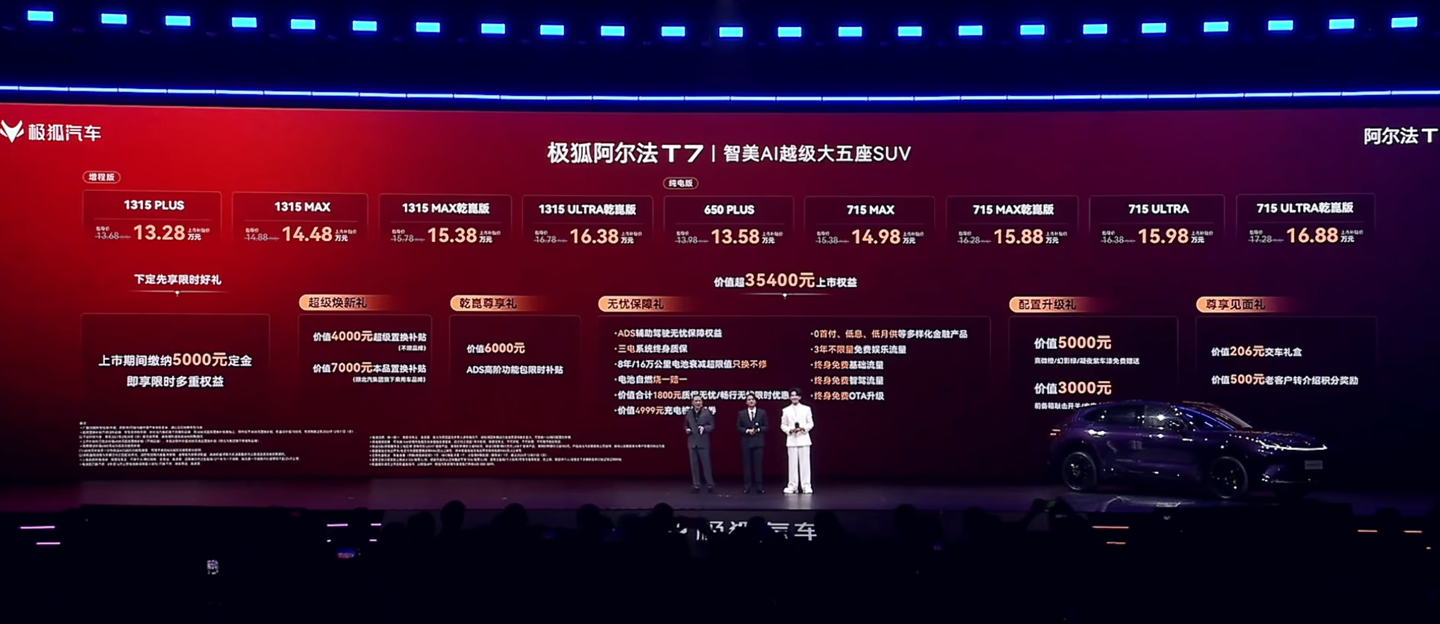 上市补贴价 13.28 万元起：极狐阿尔法 T7 汽车上市	，可选增程 / 纯电动力、华为乾崑智驾 ADS 5 Pro